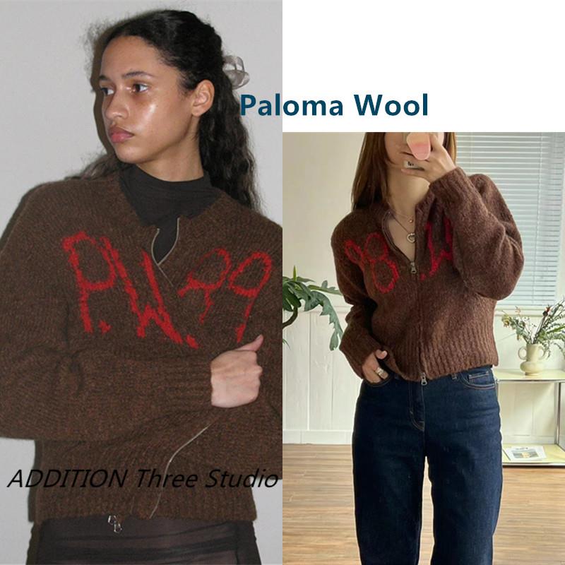 折扣现货 Paloma Wool 秋冬款棕色圆领刺绣字母拉链针织开衫毛衣