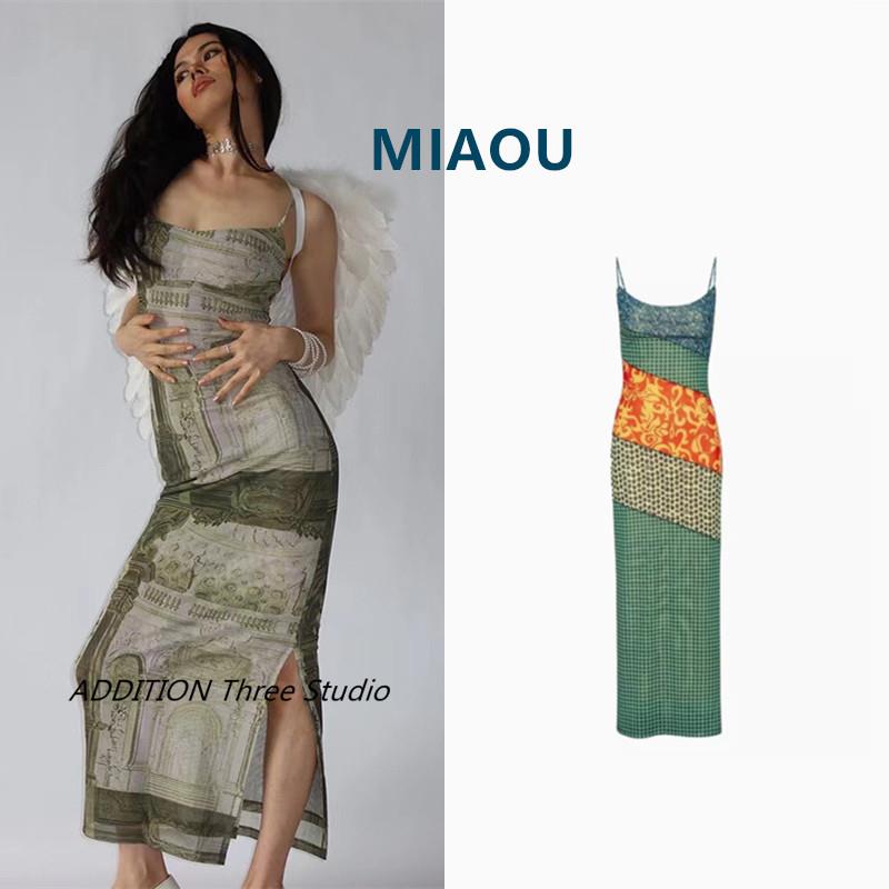 正品 MIAOU 夏款小众复古风情辣妹印花抹胸开衩吊带包臀连衣裙女