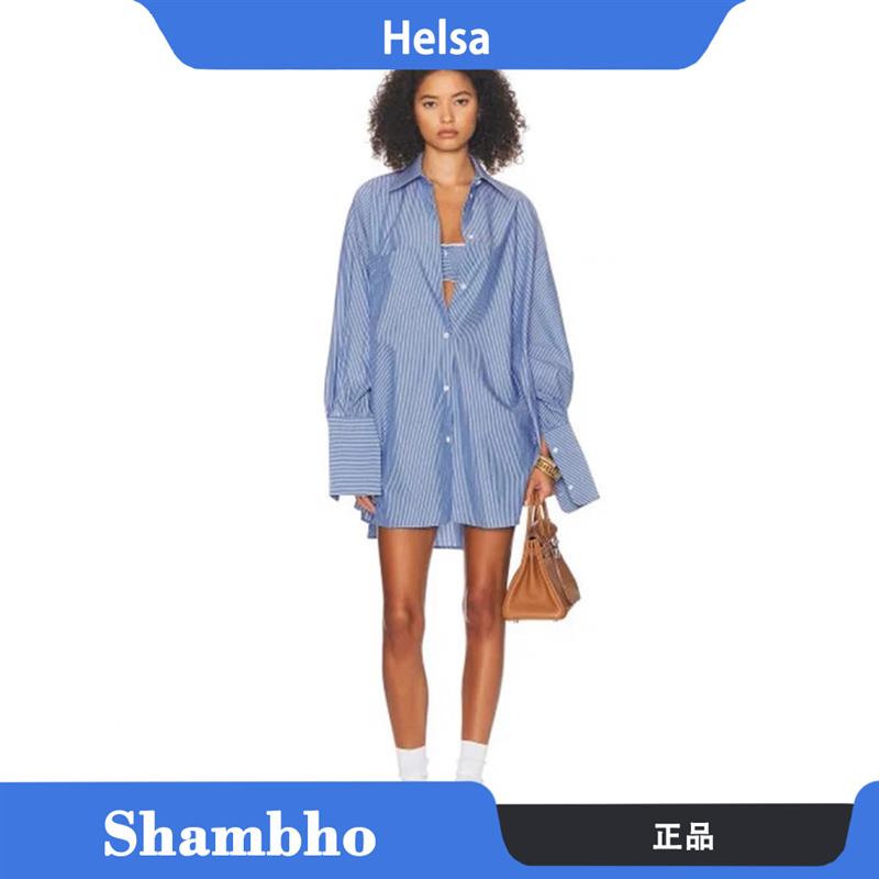 Shambho正品 Helsa 条纹衬衫Elsa Hosk同款蓝色宽松吊带背心长裤