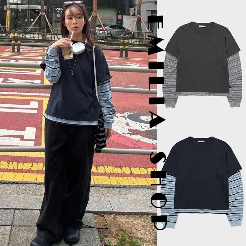 买手韩国正品LOW CLASSIC上衣25新款条纹拼接假两件宽松长袖T恤女
