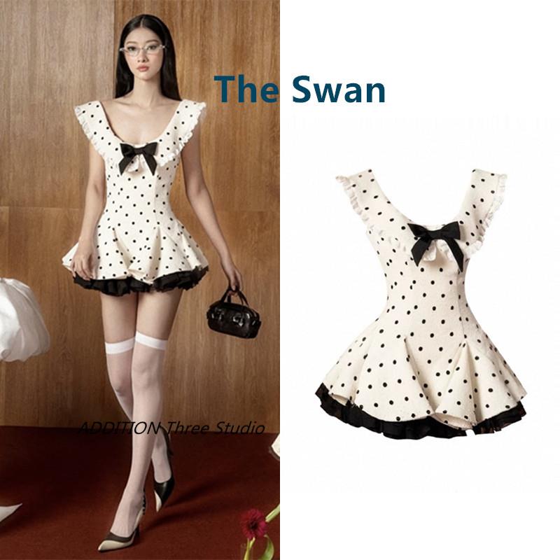 越南 The Swan 25春夏新款大U领蝴蝶结波点荷叶边无袖迷你连衣裙