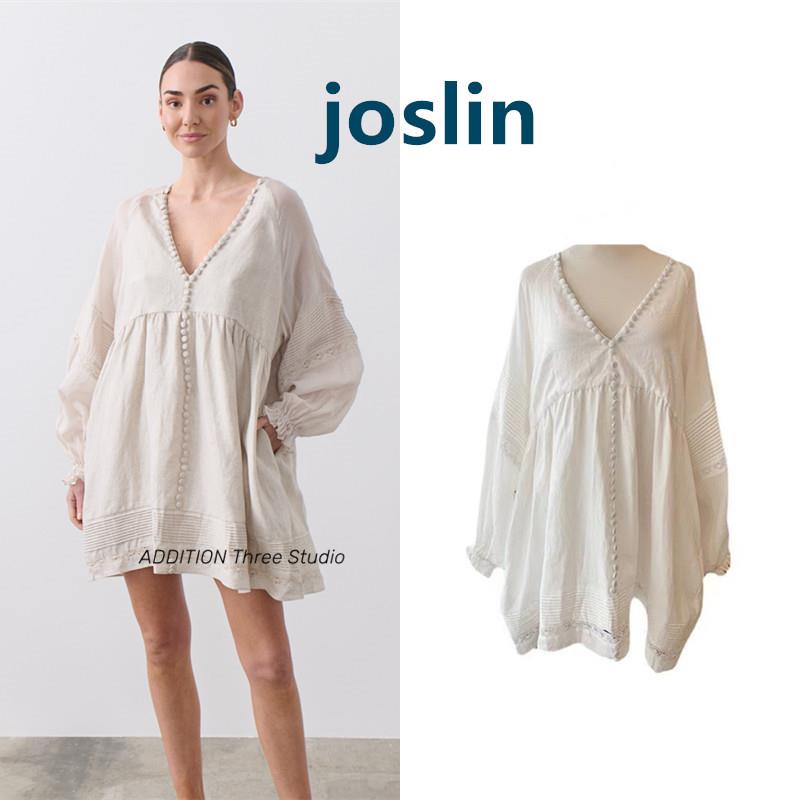 买手店 joslin 新款宫廷风深V领宽松亚麻娃娃裙长袖迷你连衣裙