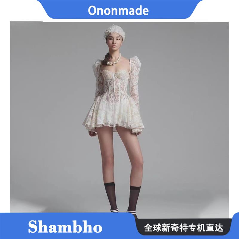 Shambho正品Ononmade 新款法式宫廷风方领鱼骨收腰蕾丝长袖洋装
