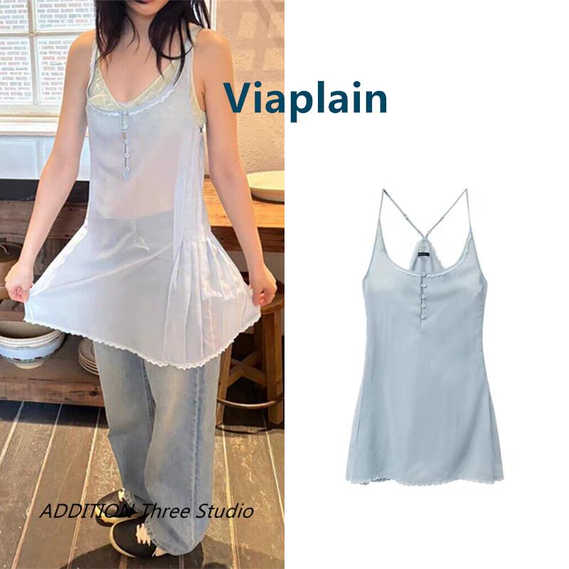 韩国 Viaplain 26春夏新款浅蓝色复古蕾丝花边系扣透视吊带连衣裙