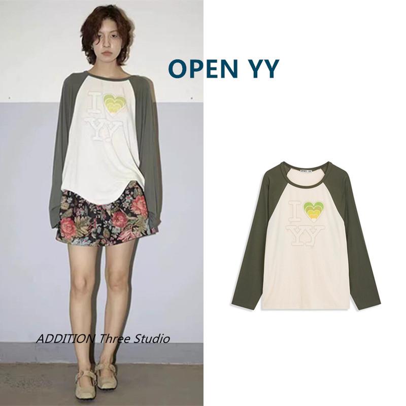 韩国 OPEN YY 26早春新品圆领爱心印花插肩宽松休闲长袖T恤上衣女