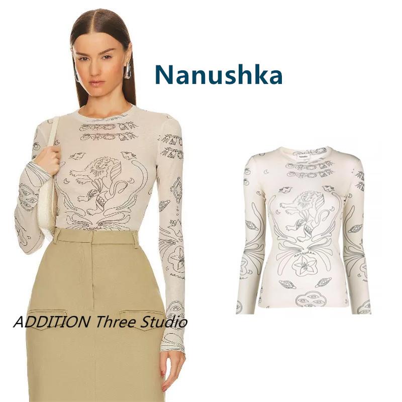 正品 Nanushka 新款圆领手绘图案印花修身长袖打底衫T恤上衣女