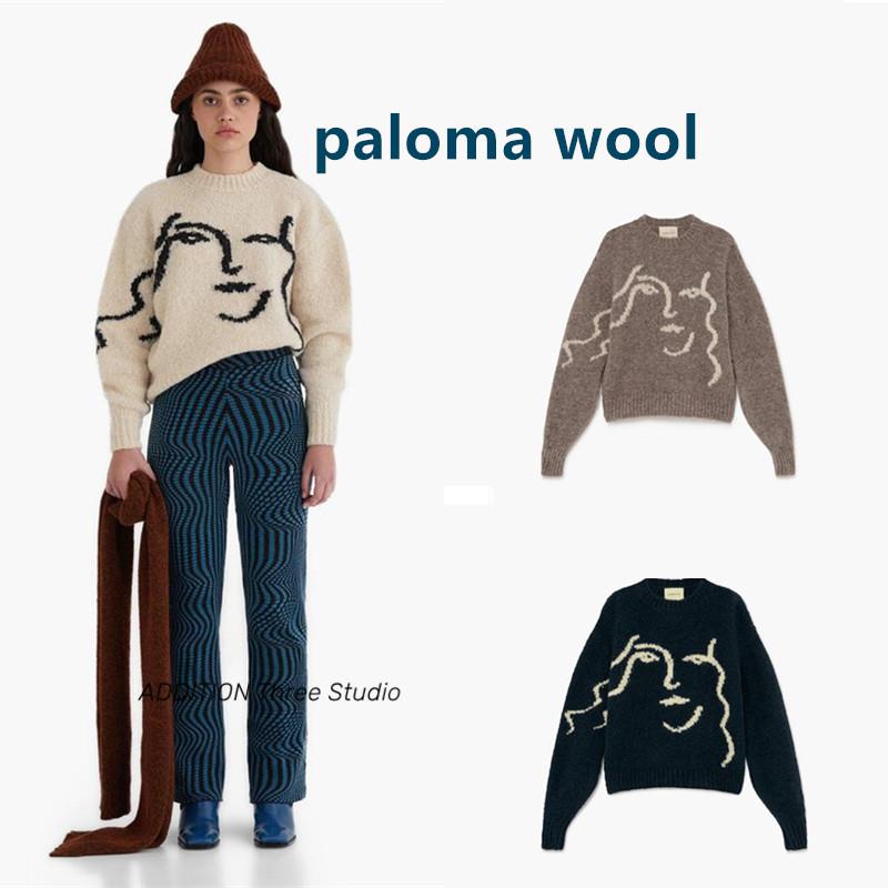 折扣 paloma wool 秋冬款圆领抽象人脸印花羊毛混纺长袖百搭毛衣