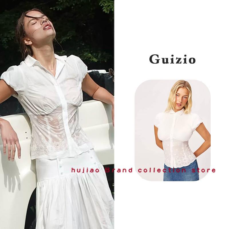 煳椒正品 GUIZIO 新款白色泡泡袖翻领花朵刺绣娃娃领修身收腰衬衫