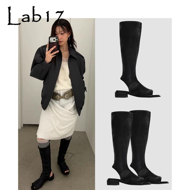 鱼嘴牛皮露脚粗跟中筒靴长筒靴凉靴女