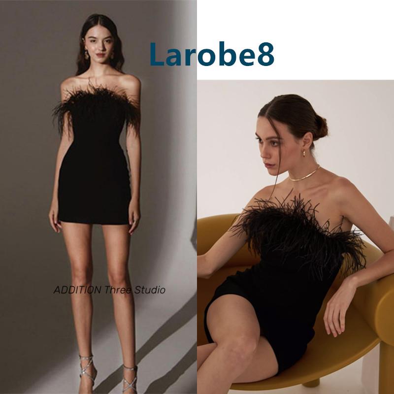 泰国小众 Larobe8 新款黑色羽毛装饰紧身收腰性感抹胸短款连衣裙