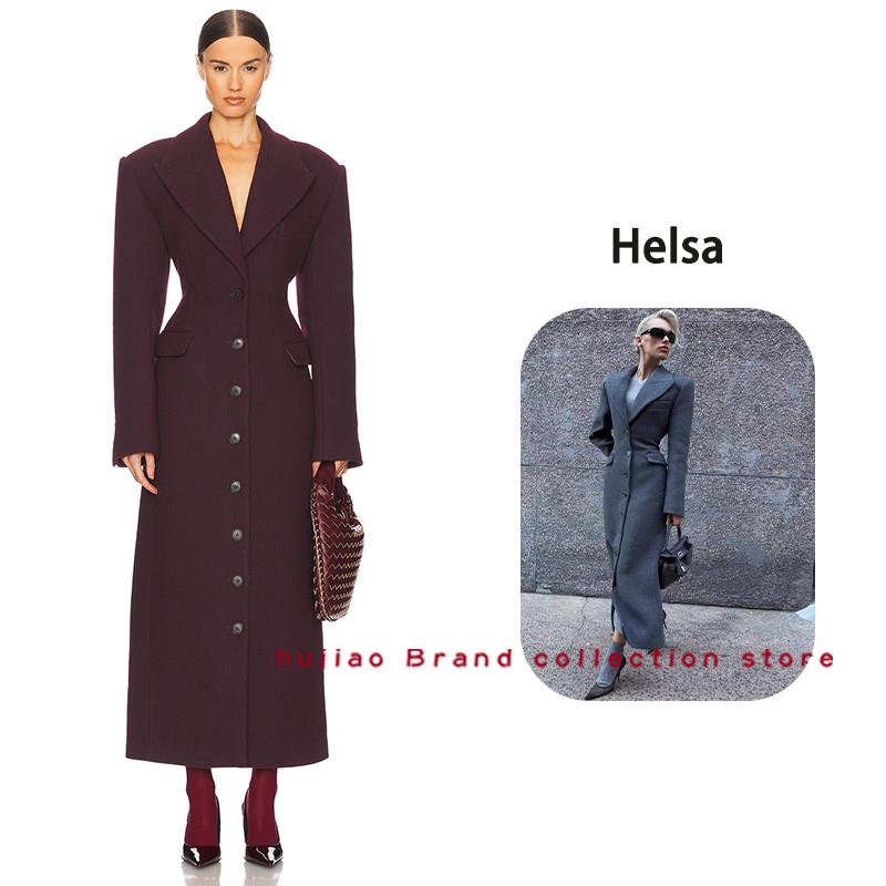 煳椒正品 Helsa 秋冬新款复古大翻领单排扣收腰毛呢外套大衣