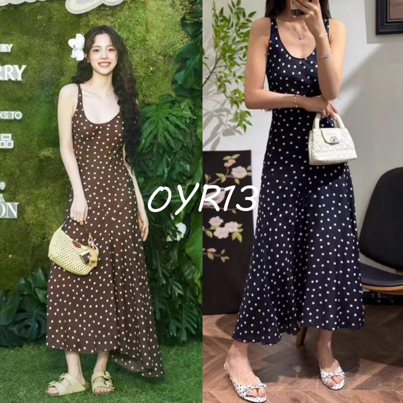 买手店Realisation洋装V领裙子复古修身棕色波点圆领真丝中长裙