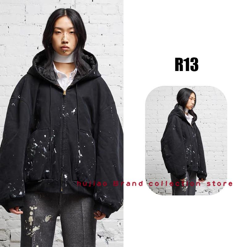 煳椒正品R13 清仓特价泼墨做旧logo印花廓形宽松连帽拉链卫衣外套