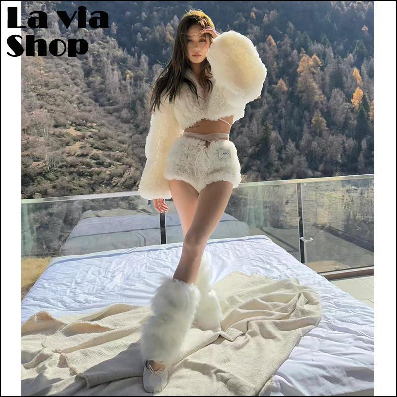 买手店正品越南Laviici套装辣妹毛绒绑带V领上衣短裙