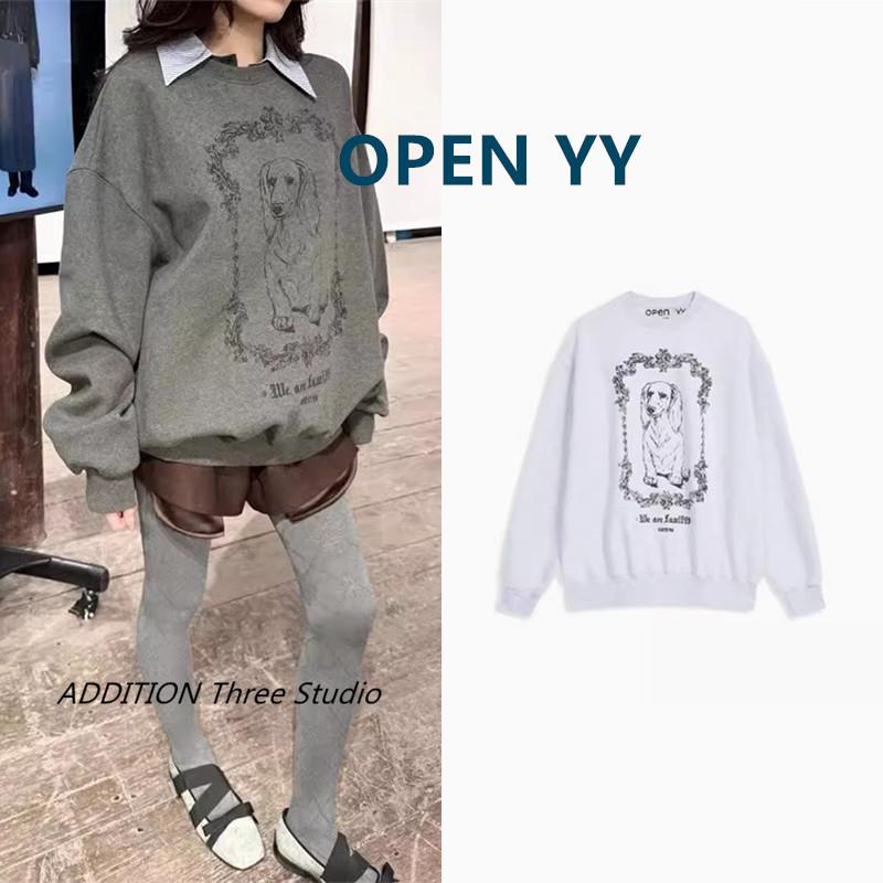 正品 OPEN YY 24秋季新款宽松圆领小狗印花长袖百搭卫衣情侣款