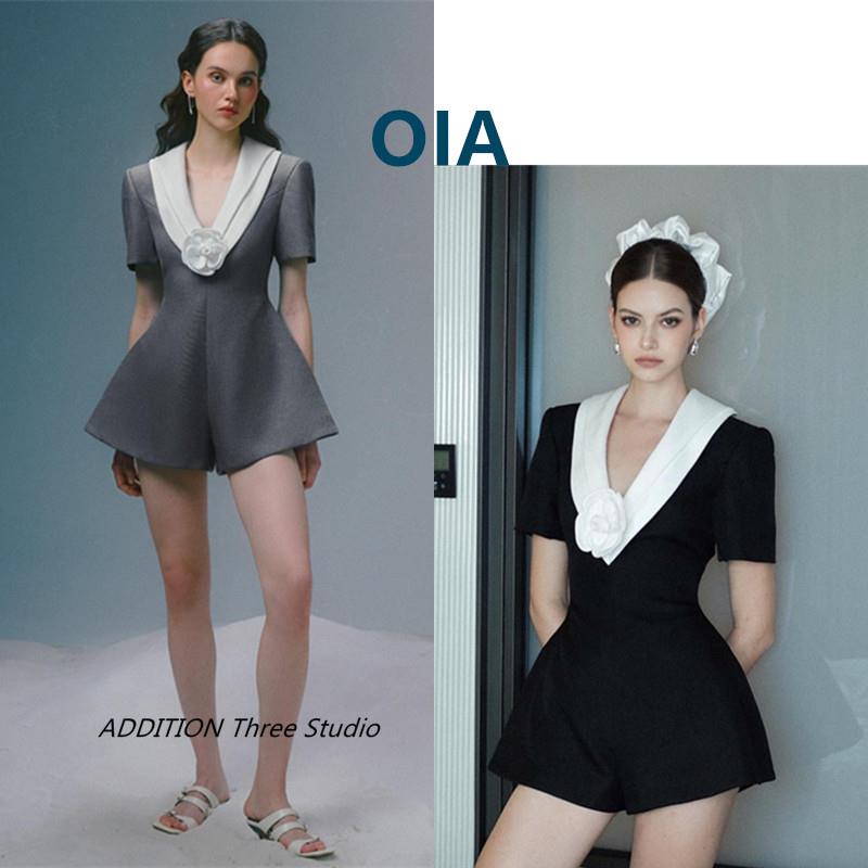 越南小众 OIA 春夏款复古赫本风撞色山茶花V领短袖收腰连体裤裙女