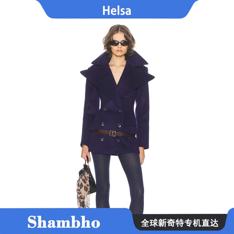 Shambho正品 Helsa 新品休闲大翻领收腰设计宽松双排扣中短款大衣
