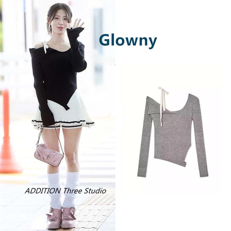 少现 Glowny 23秋季新款纯色不对称系带露肩修身套头针织衫上衣女