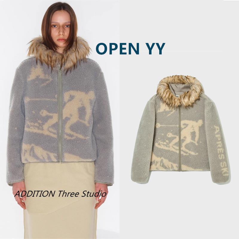 韩国 OPEN YY 郑秀晶同款秋冬款毛领颗粒绒滑雪印花拉链夹克外套