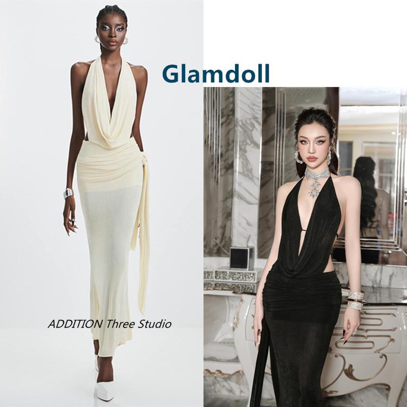 越南小众 Glamdoll 春夏款性感荡领挂脖大露背修身鱼尾礼服连衣裙