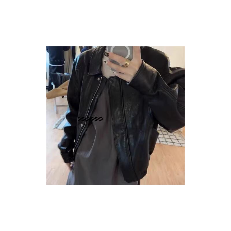 国现秒发 Ethos皮夹克显瘦翻领黑色长袖宽松pu短款皮衣外套女