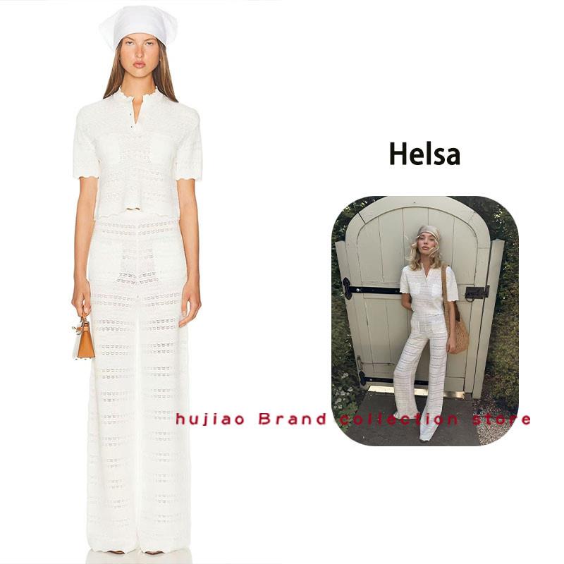 煳椒正品 Helsa 白色套装镂空钩花简约短袖上衣高腰直筒长裤