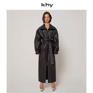 KHY 新款美式翻领通勤系带收腰轻薄中长版风衣外套