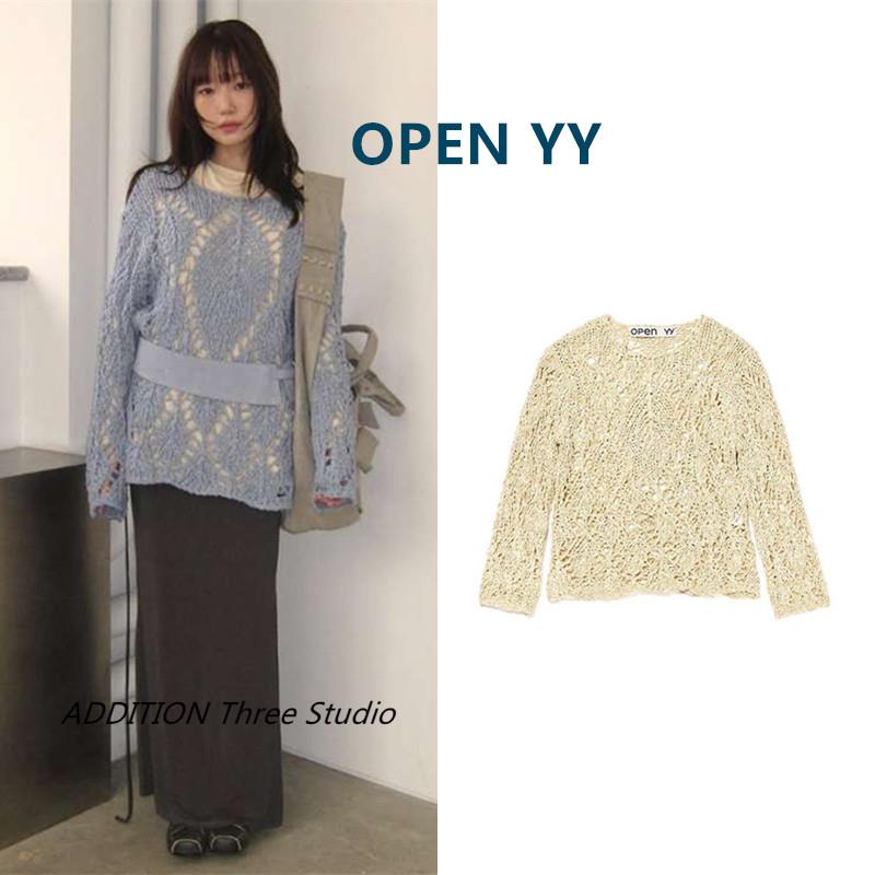 折扣 OPEN YY 25春季新款菱形花纹镂空宽松针织衫毛衣韩素希同款