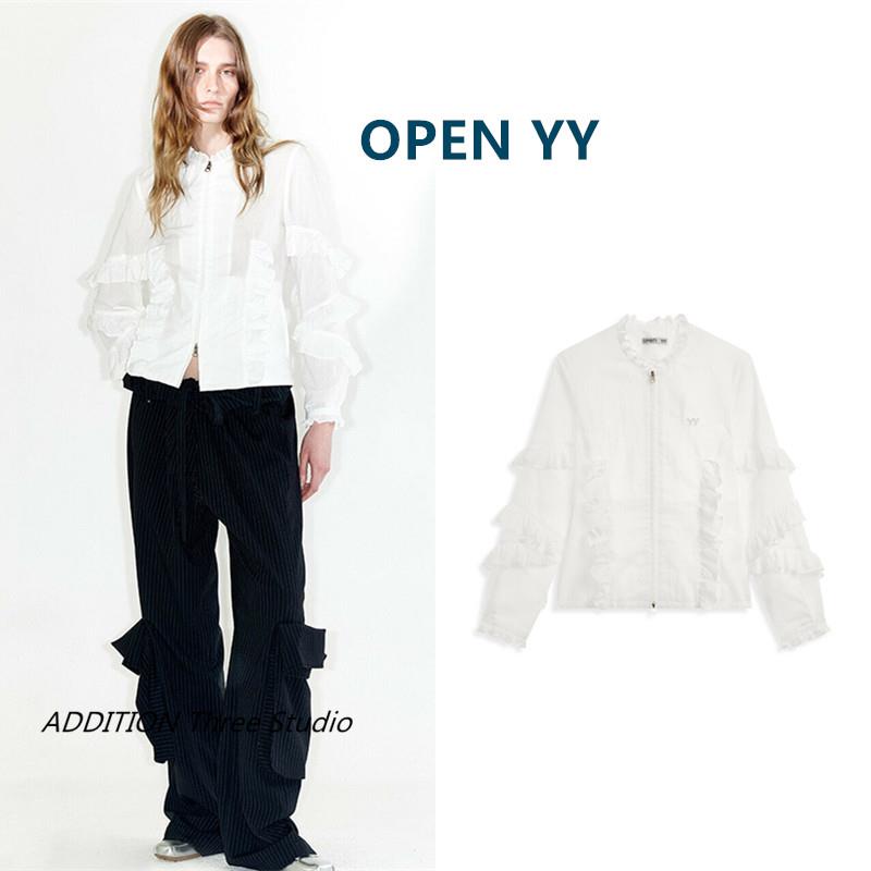 折扣 OPEN YY 25春秋款气质百搭白色荷叶边宽松拉链薄款衬衫外套