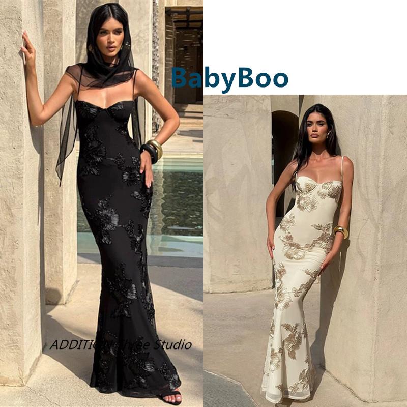 澳洲 BabyBoo 春夏款性感气质花朵刺绣修身吊带鱼尾礼服连衣裙女
