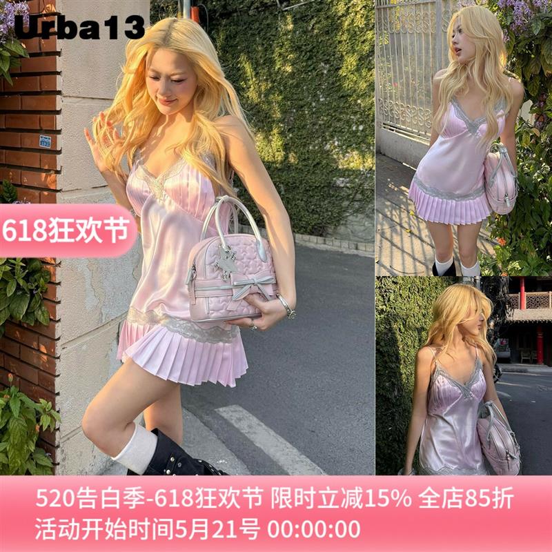 Urba13买手店正品bandarsaya短裙蕾丝百褶裙蕾丝吊带裙洋装