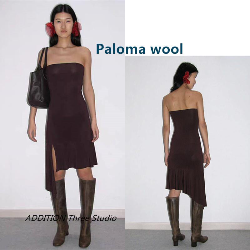折扣 Paloma wool 24夏款气质性感纯欲抹胸弹力修身不规则连衣裙