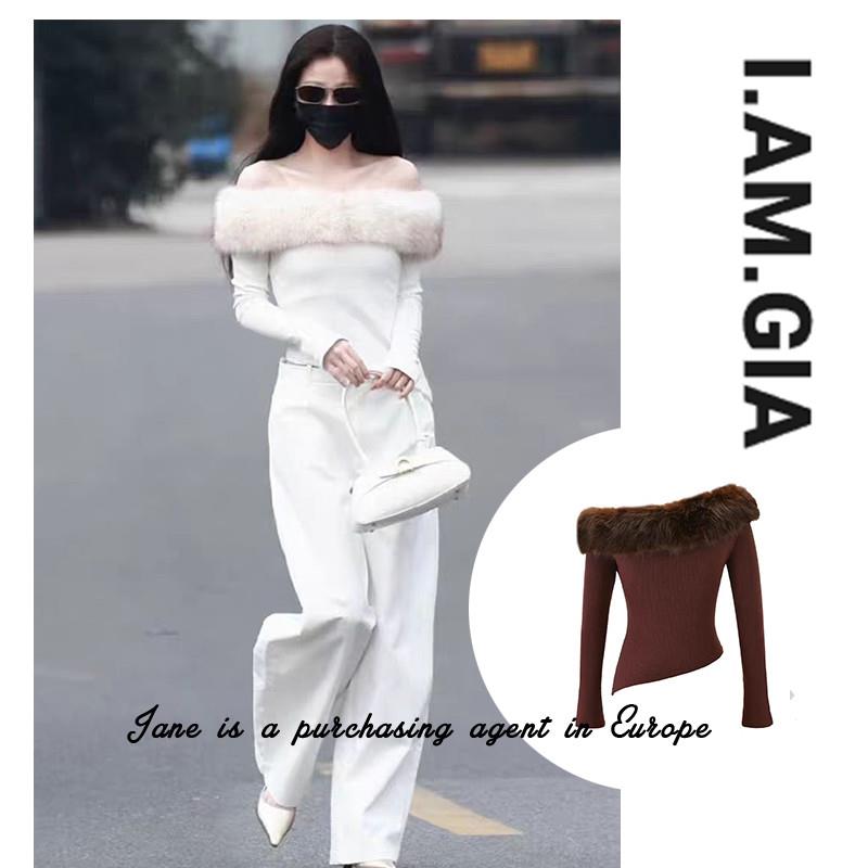 国现 美国直邮 iamgia 虞书欣同款辣妹皮草领子一字肩长袖针织衫