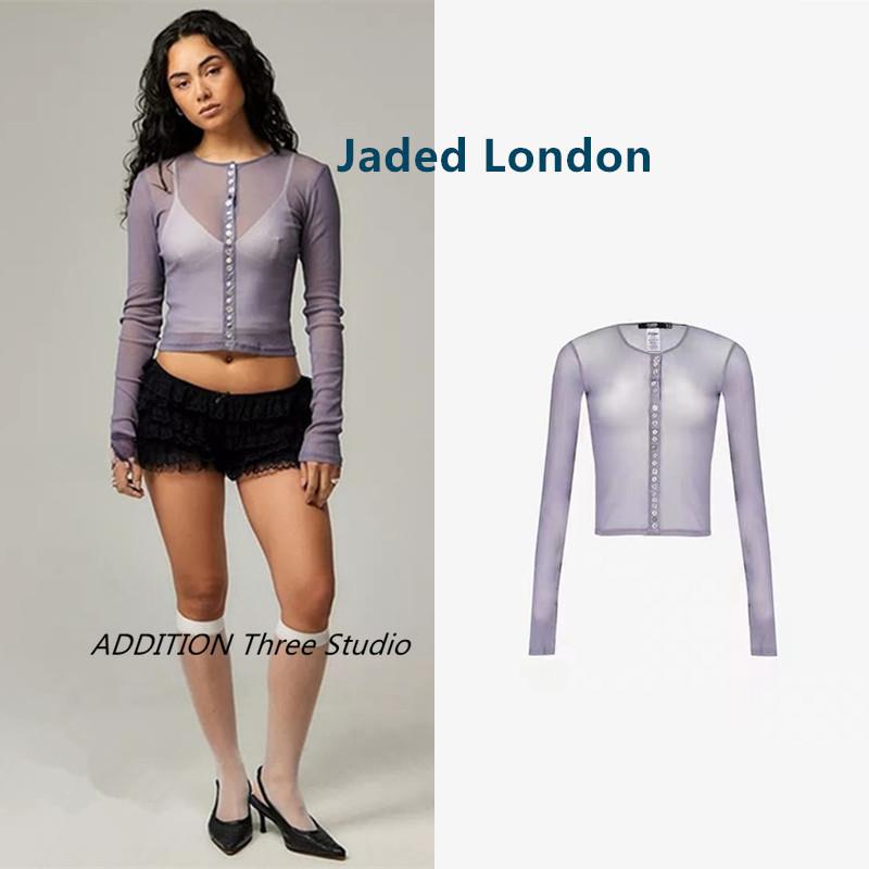 正品 Jaded London 春夏款圆领性感辣妹透视网眼珍珠纽扣长袖衬衫