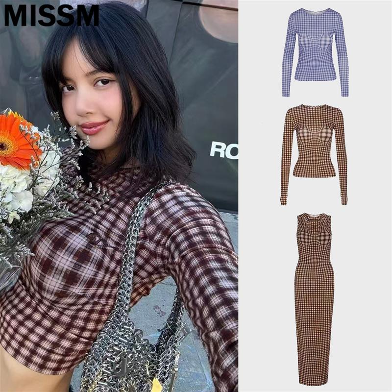 正品MIAOU上衣lisa同款圆领格纹网纱长袖T恤露背连衣裙