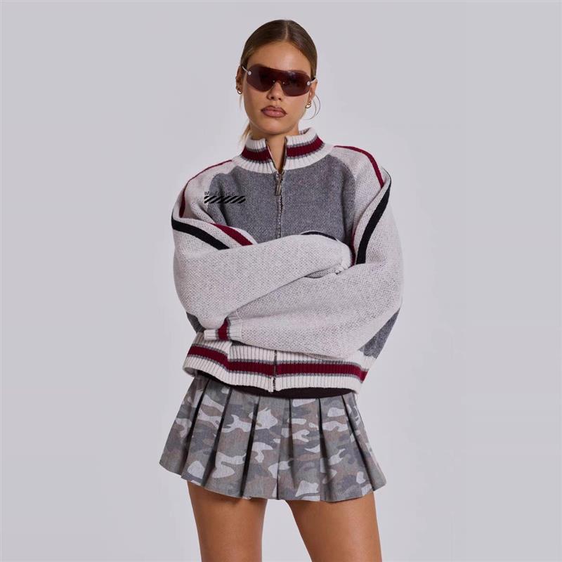 正品 Jaded London 复古撞色后背85图案条纹立领拉链开衫毛衣外套