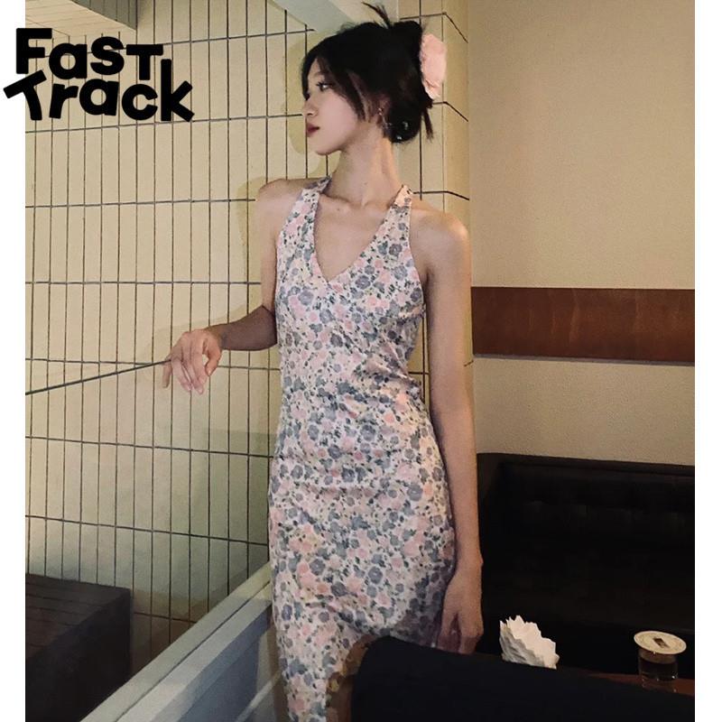 FastROUJE洋装fever同款碎花碎花露背挂颈中长短裙