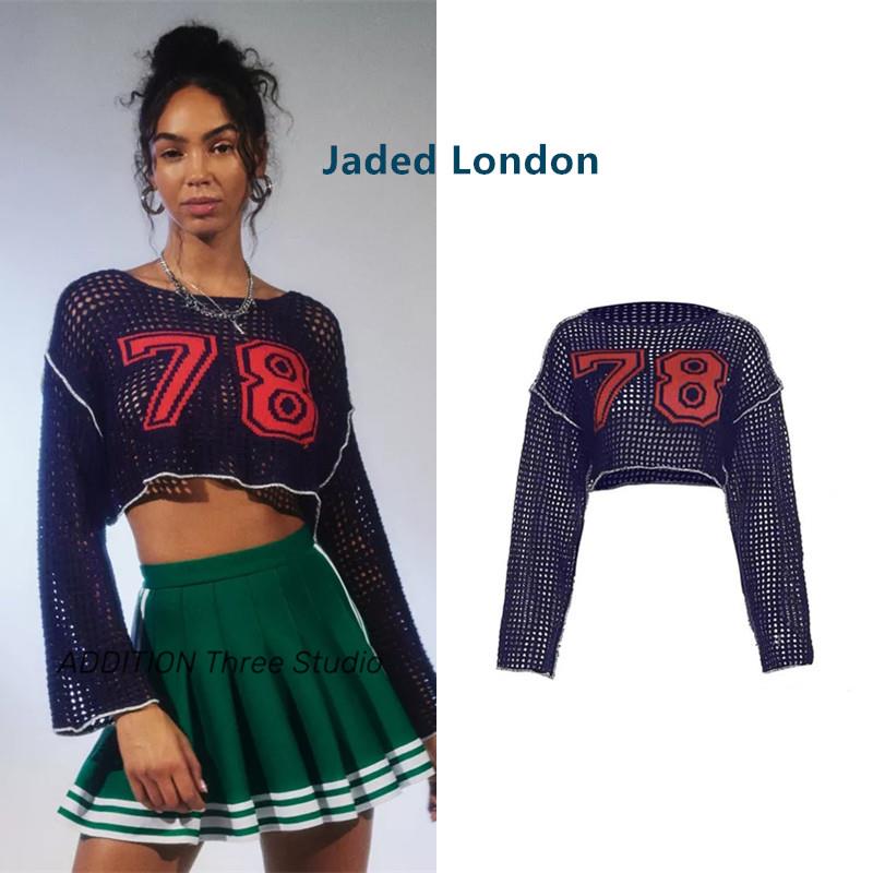 现货 Jaded London 圆领宽松半透明镂空数字长袖超短款针织毛衣女