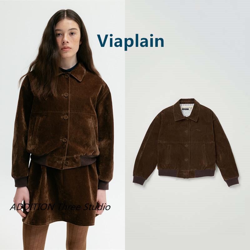 折扣现货 Viaplain 23新款复古翻领单排天鹅绒绒面短款夹克外套女