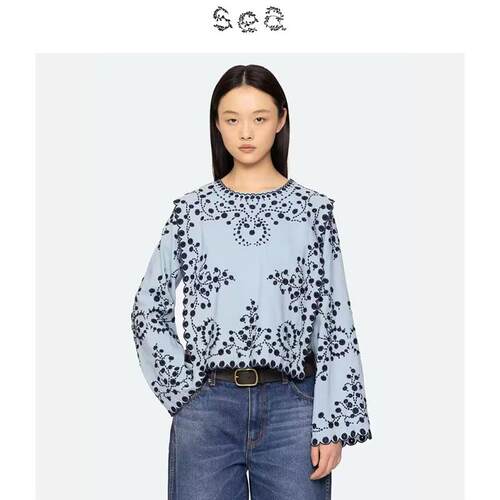 Sea New York 法式复古圆领长袖披肩式刺绣衬衫女