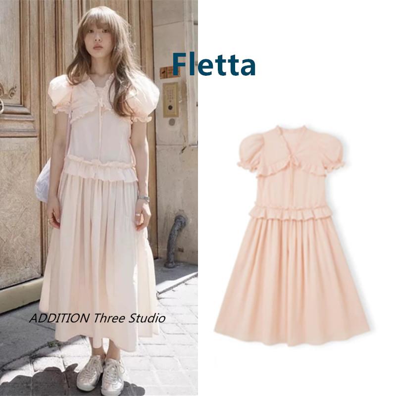 韩国 Fletta 荷叶边系带泡泡袖短款披肩上衣花边方领吊带连衣裙女