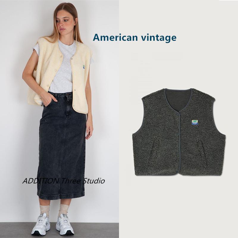 折扣 American vintage 24新品宽松休闲圆领摇粒绒单排扣背心马甲