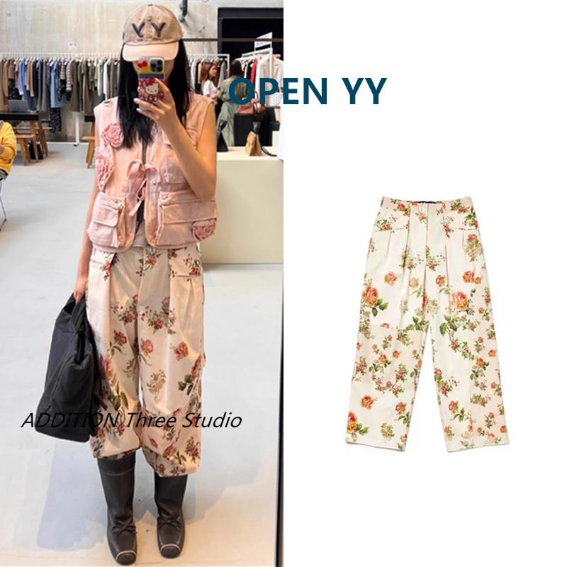 正品 OPEN YY 25早春新款田园碎花蓝色拼接条纹工装阔腿休闲长裤