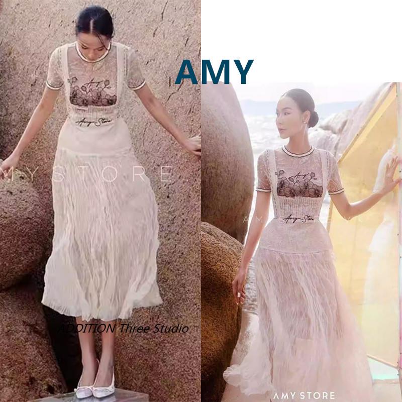 越南 AMY 春夏款重工刺绣蕾丝轻纱收腰修身短袖上衣半身裙套装女