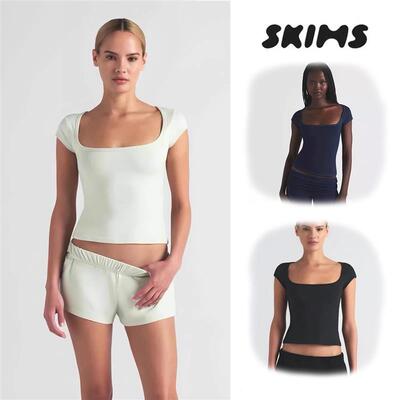 skims短袖t恤卡戴珊COTTON JERSEY塑身衣方领上衣女