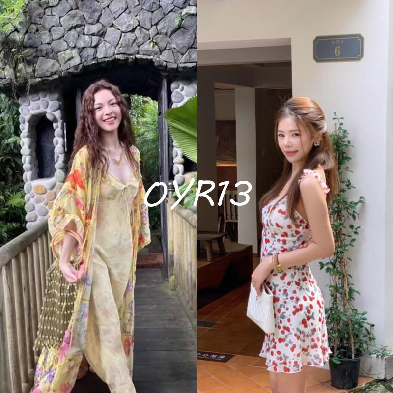 买手店Realisation钟楚曦同款真丝长裙荷叶边樱桃印花斜裁洋装