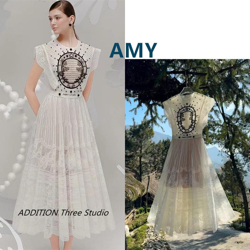 越南小众 AMY 24夏款淑女风圆领重工刺绣荷叶边袖收腰长款连衣裙