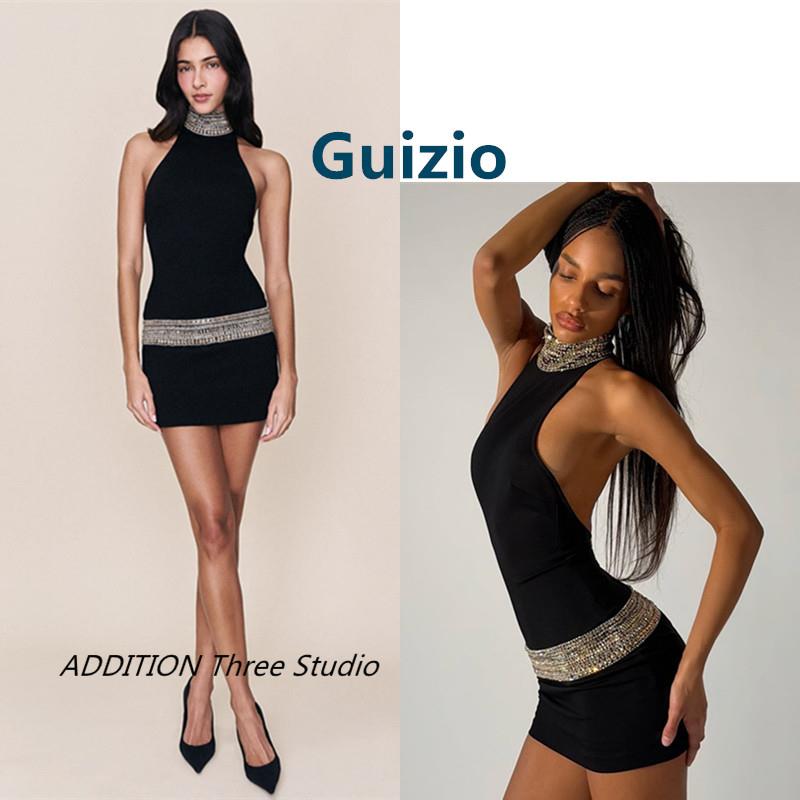 正品 Guizio 26春季新款气质黑色法式闪钻挂脖露背包臀礼服连衣裙