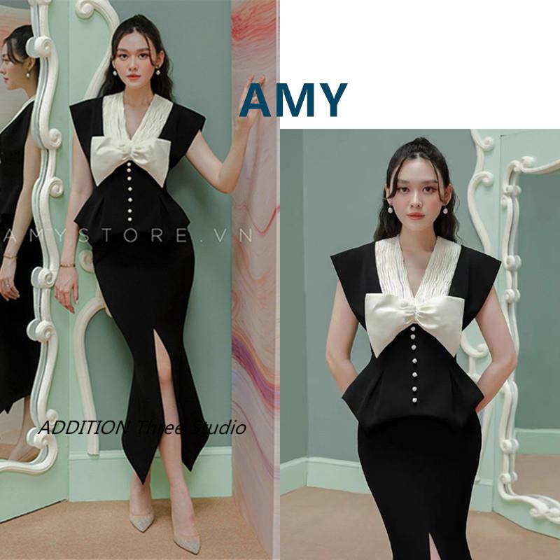 越南小众 AMY 早春新款黑色优雅撞色V领蝴蝶结设计开叉鱼尾套装女