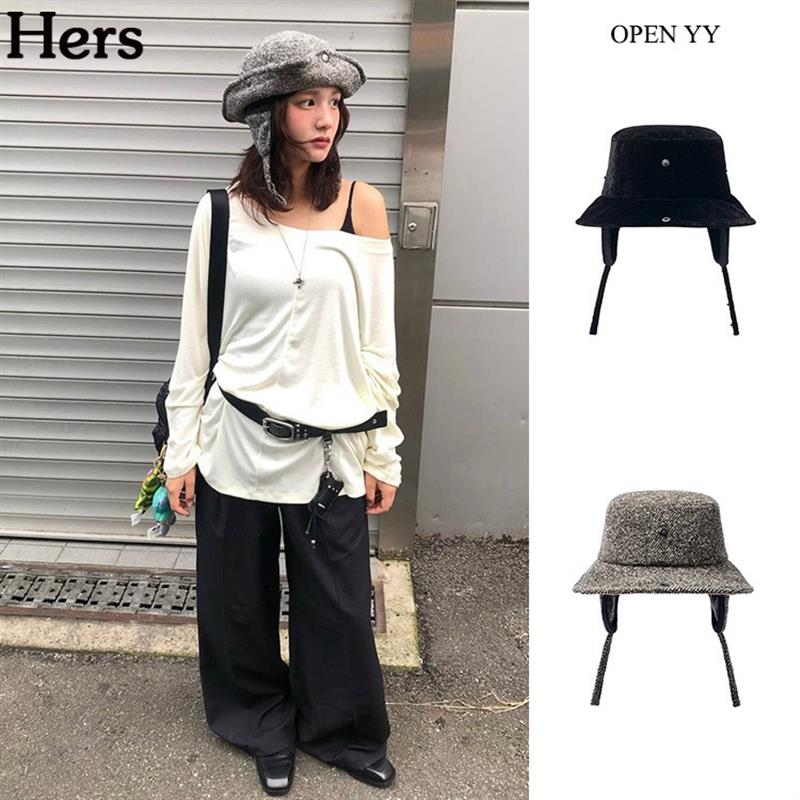 正品韩国OPEN YY双人舞可拆卸耳罩休闲羊毛遮阳渔夫帽女